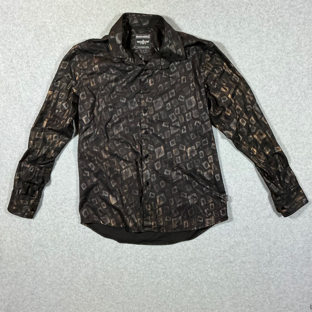 Barabas Mens Large Black Bronze‎ Metallic Geometric Long Sleeve Button Down